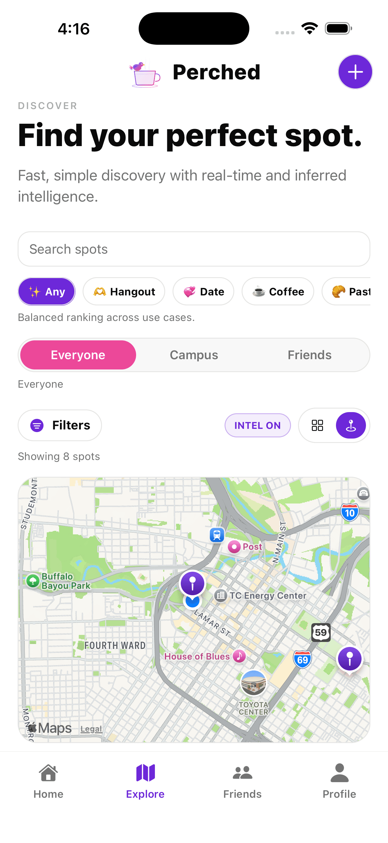 Perched explore map screen with nearby spots and discovery filters.