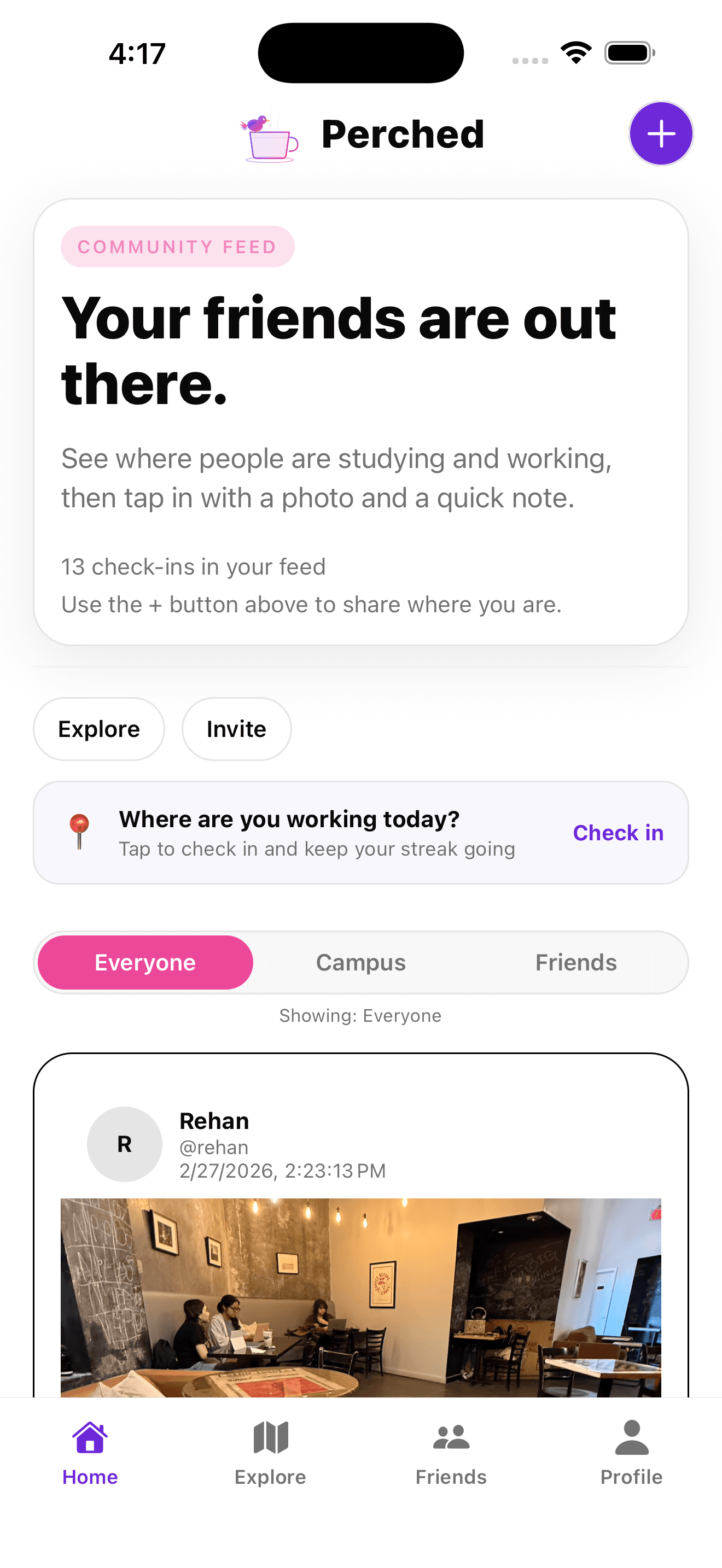 Perched community feed showing recent activity and check-ins.